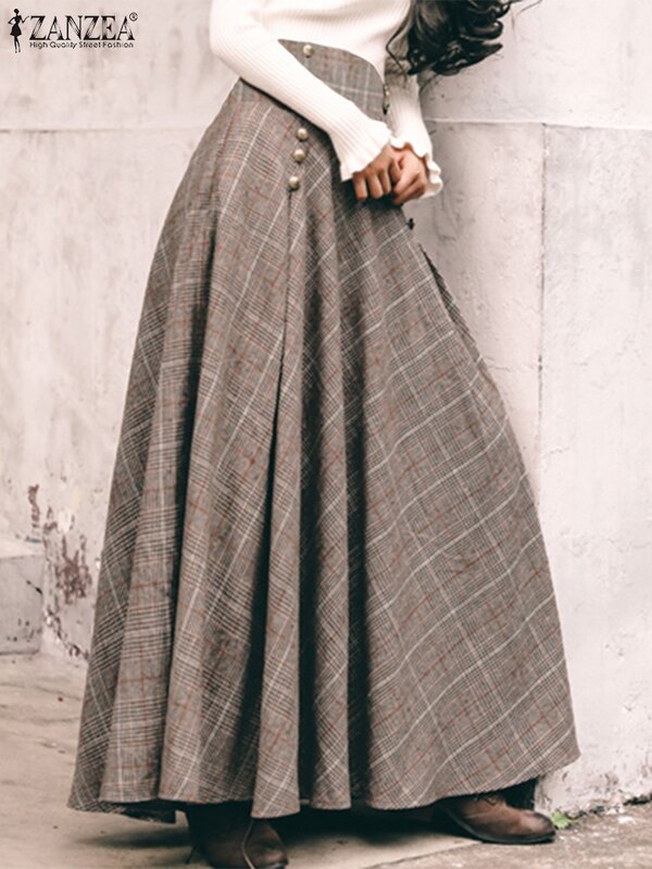 ZANZEA Nữ Vintage Mùa Xuân Cao Cấp Chữ A DỰ TIỆC Váy Jupe Thời Trang Ngày Lễ Váy Maxi Faldas Saia Kẻ Sọc Kiểm Tra Váy Dài