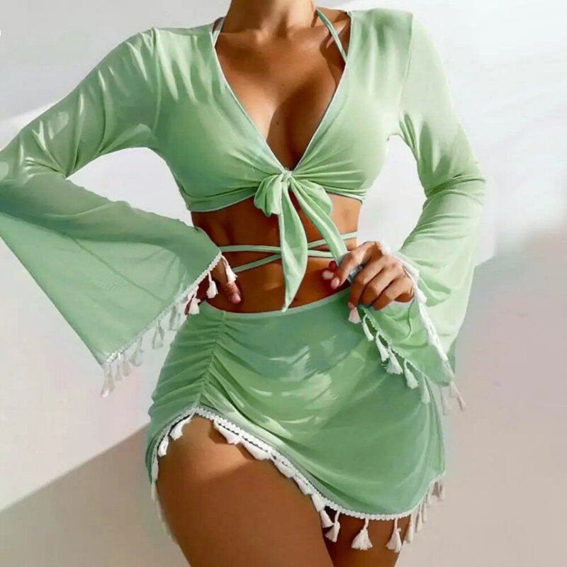 Swimsuit Set Stylish 4pcs Women's Bikini Set with Flared Sleeve Cover Up Halter Bra High Waist Skirt Solid Color for Beach