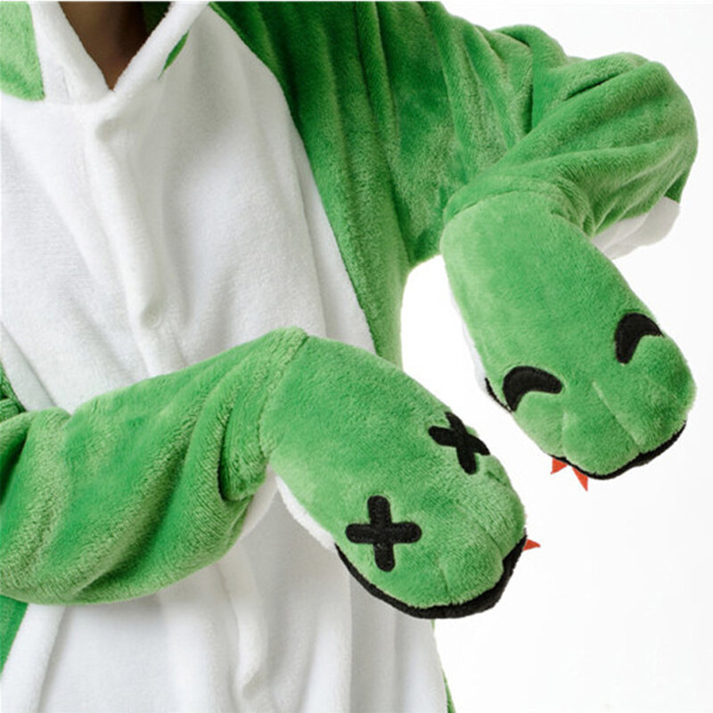 Flannel Animal Onesie Pajama Adult Green Snake Cosplay Costume Halloween Clothing Christmas One Piece Jumpsuit for Women and Men