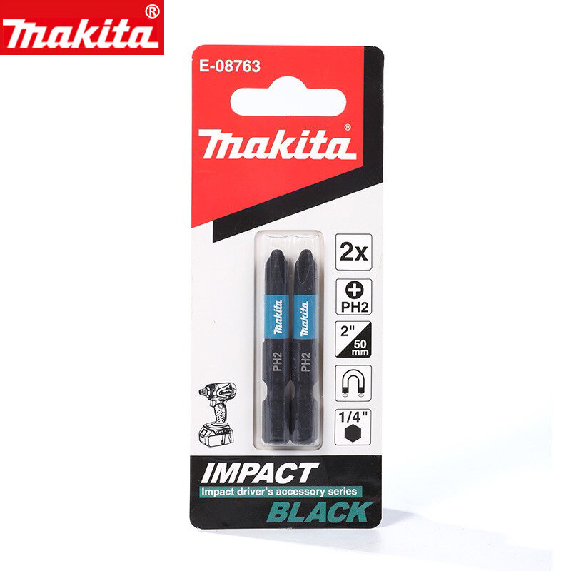 Makita-brocas de destornillador de impacto PH2, 50MM, 1/4 pulgadas, 2 piezas, cabezal de taladro Phillips magnético, serie de accesorios, E-08763 negro