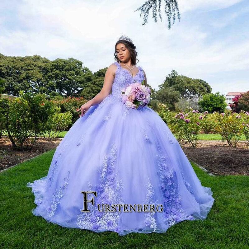 Fanshao anmutige Quince anera Kleid V-Ausschnitt Applikationen 3d Blumen ärmellose Tüll 15 Anos Vestido Ballkleid auf Bestellung gemacht