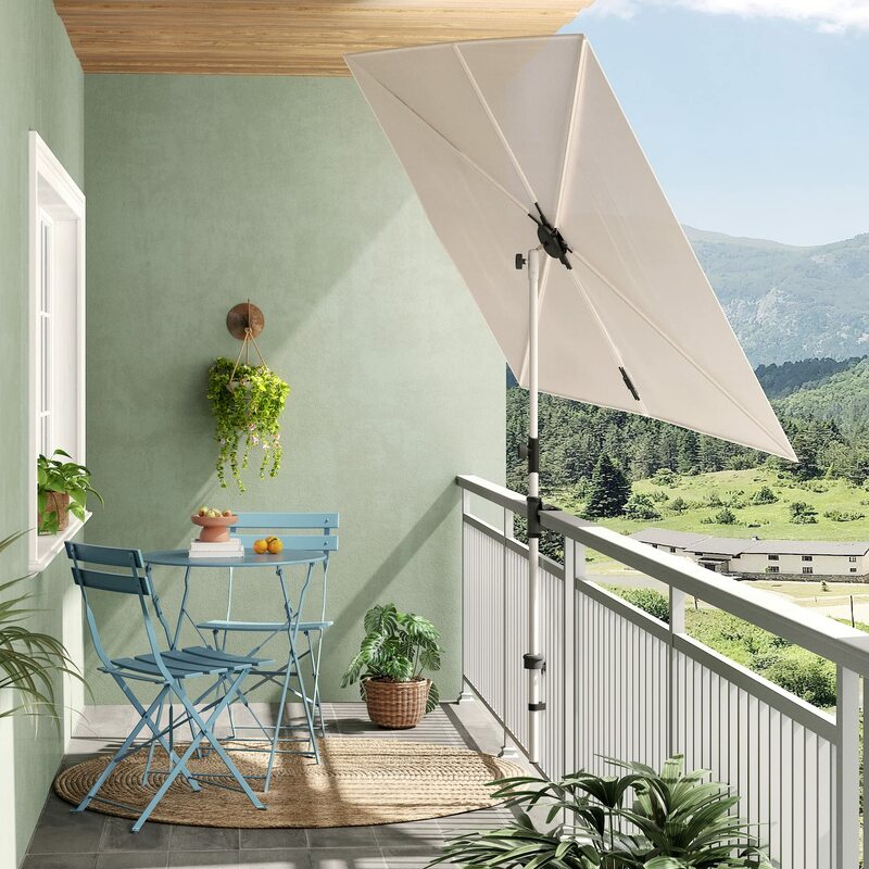 6X4 Ft Balkon Paraplu, Polyester Staal Rechthoekige Platte Luifel Veelzijdige Terraskap Met 360 Graden Roating Knop, Beige