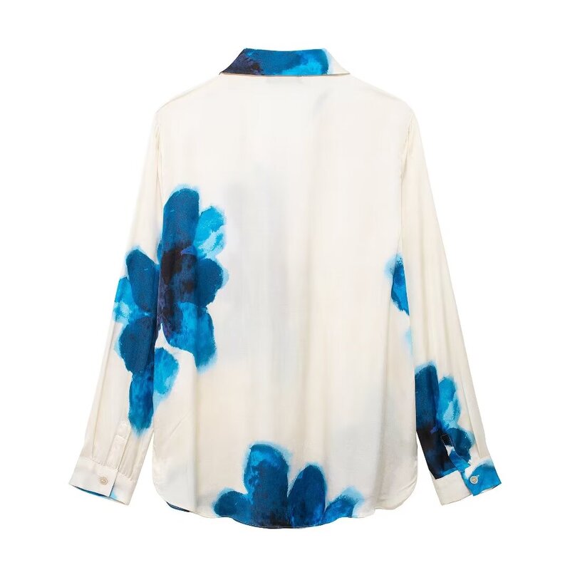 Suit Women's 2-piece 2024 Fashion Printed Drape Shirt Retro Long-sleeved Blouse+elastic Waist Pajamas Style Trousers Suit