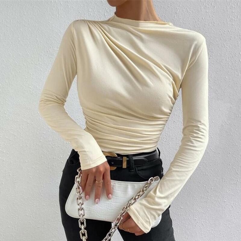 Slim Fit Top Soft Stretchy Top Elegant Slim Fit Pleated Pullover Tops for Women Solid Color Half High Collar Long for Ladies