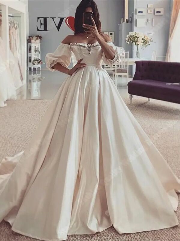 Gaun pengantin tanpa tali rendah terbaru bahu terbuka Satin berjalan gaun pengantin panjang Applique mengepel panjang wanita Vestido De Novia