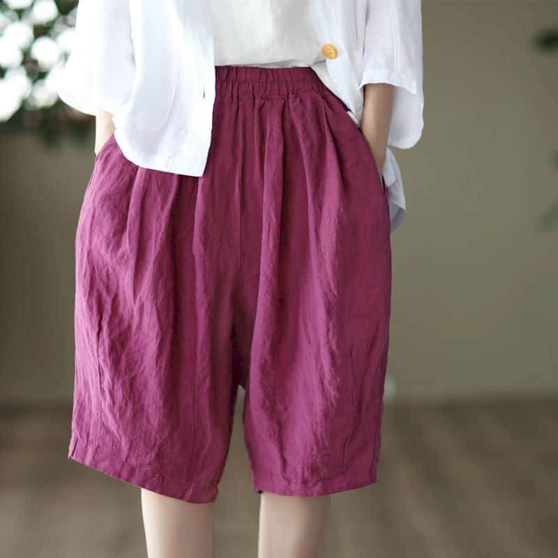 Шорты женские из хлопка и льна, однотонные свободные короткие штаны с карманами, с эластичной талией, в винтажном стиле, повседневная одежда, летние