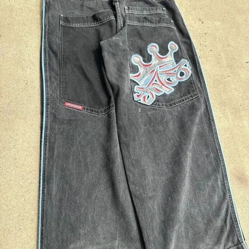 Damskie w stylu Retro szerokie nogawki spodnie Hip Hop Punk haftowane luźne jeansy Y2K gotyckie spodnie jeansowe Streetwear Hot