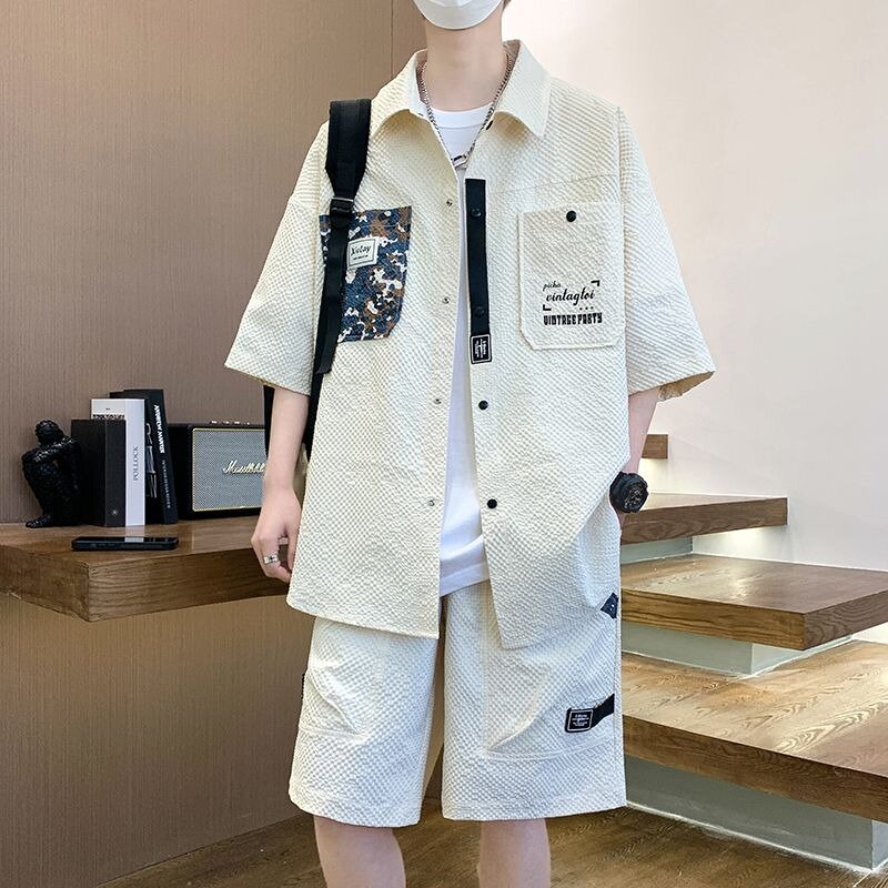 Conjunto de camisa e shorts de manga cinco quartos masculino, fragrância pequena, manga curta, estilo Hong Kong, casual, solto, na moda, bonito, verão