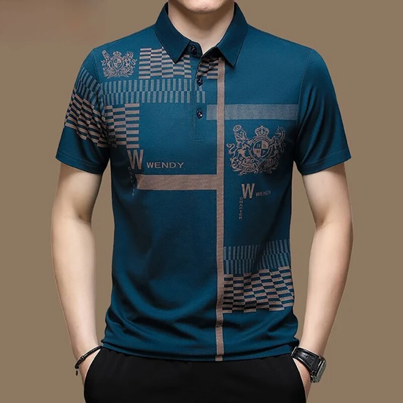 Heren Poloshirt Business Casual Zomer Korte Mouwen Tops Patroon Met Print T-Shirt Losse Kleding Mode Polo Shirt