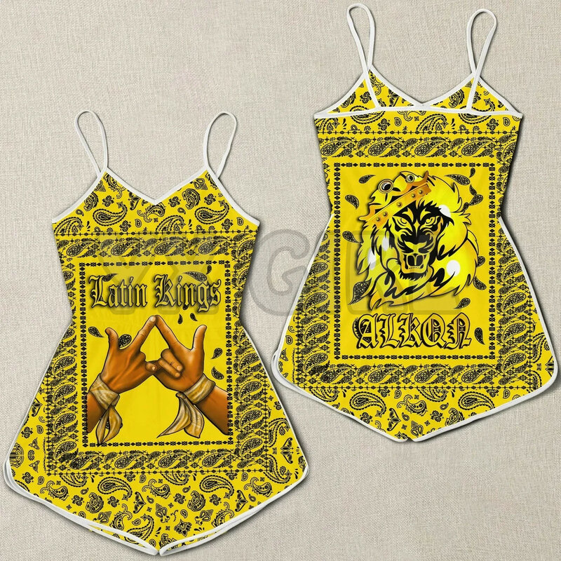 YX Romper Wanita Latin Kings Perempuan Bandana Kuning 3D Romper Cetak Menyeluruh Pakaian Bohemia Wanita Musim Panas