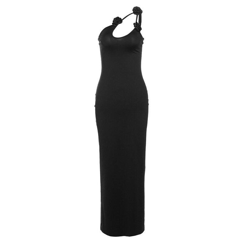 Черное женское платье для выпускного вечера, сексуальное летнее облегающее платье-футляр без рукавов на бретелях, платье на одно плечо, юбка с 3D цветами, халаты