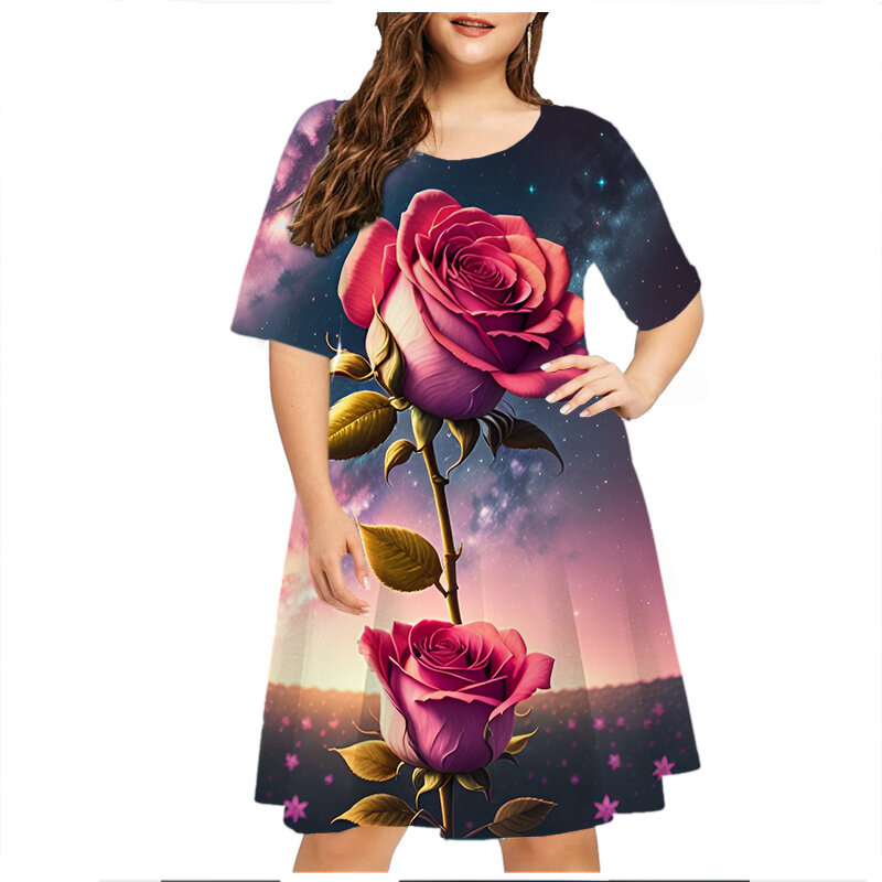 Tie Dye Starry Sky Rose Floral Print Dress Women Fashion Short Sleeve Loose Plus Size Dress Summer Casual Party Mini Dress 6XL