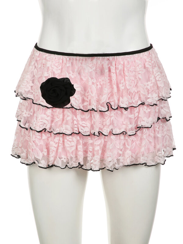 IAMSURE rok Mini renda manis wanita, rok bergaya jalanan pinggang rendah kasual motif bunga 2024