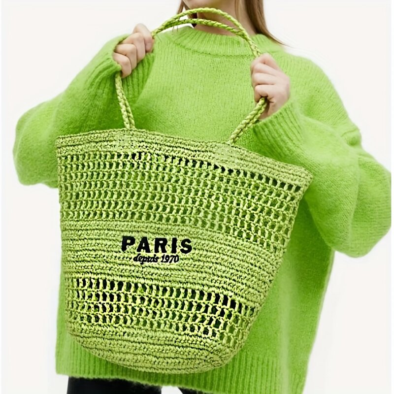 casual hollow out straw bag letters weave women shoulder bags handmade lady handbags summer beach large tote bali purses 2024