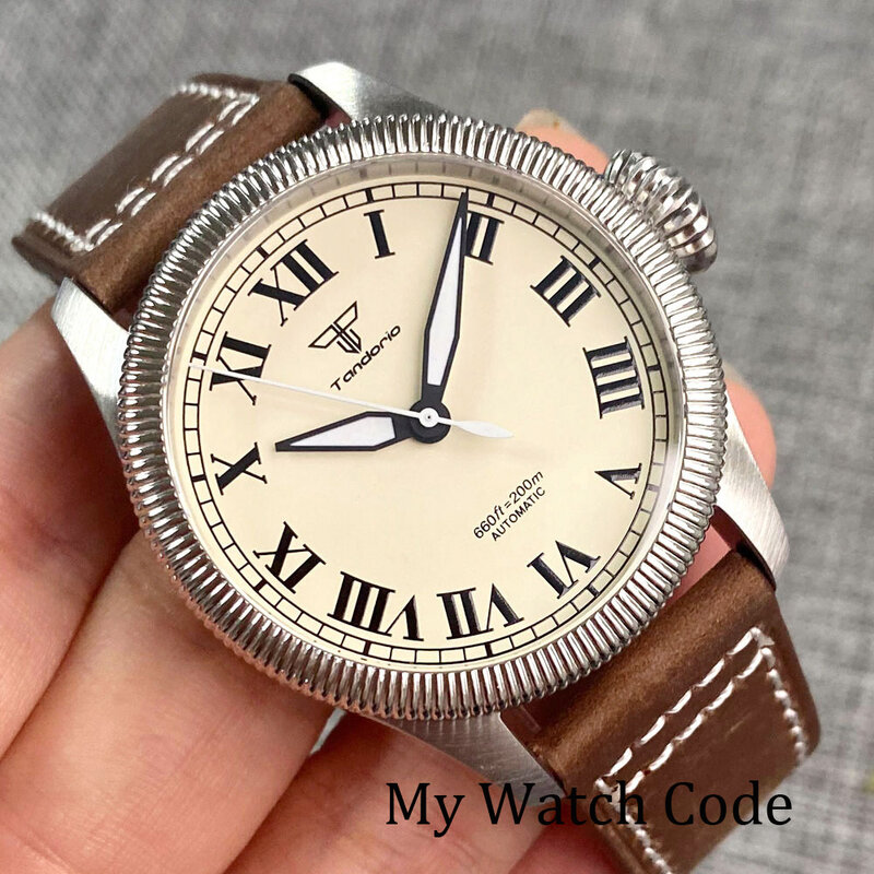 Tandorio-Reloj Automático para Hombre, accesorio de pulsera resistente al agua con números romanos, corona grande, estilo Retro Vintage, NH35, PT5000