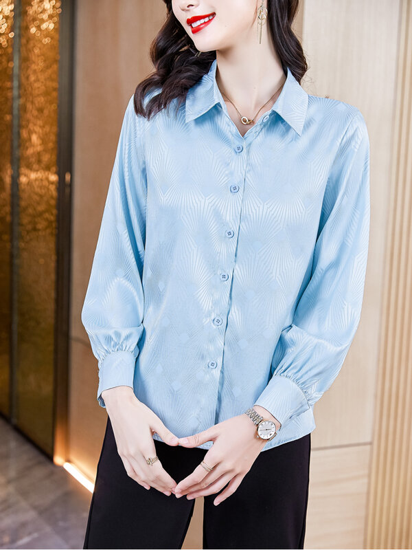 Camisa de seda jacquard feminina blusas sólidas para mulher botão de cetim para cima roupas femininas polo pescoço manga longa topo feminino camisas básicas