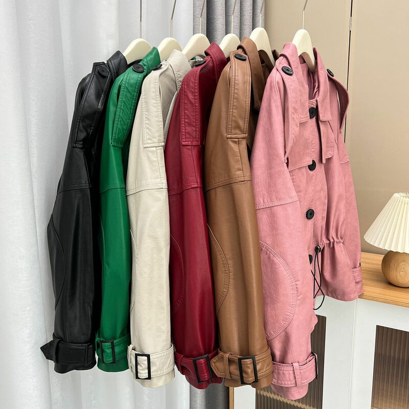 Elegante jaqueta de couro PU para mulheres, roupas casuais elásticas, casaco de couro colorido doce, plus size, outono e inverno, 2023