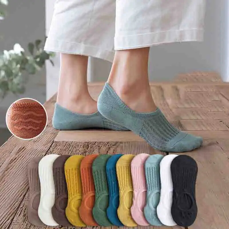 Calcetines invisibles de silicona para mujer, medias tobilleras de algodón suave, Color sólido, talla 35-40 europea, 5 pares