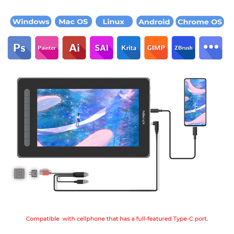 XPPen 아티스트 12 2 세대 12 인치 그래픽 태블릿 모니터, 8192 레벨 60 틸트 X3 스타일러스 아트 드로잉 태블릿, 안드로이드 윈도우 맥