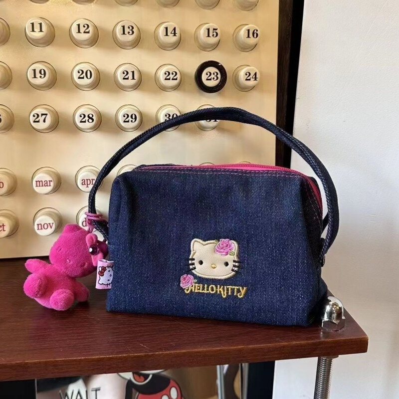 Sanrio Hello Kitty Y2k bordir tas Denim Vintage biru tas tangan kecil Harajuku lucu kapasitas besar tas ritsleting untuk wanita 2024
