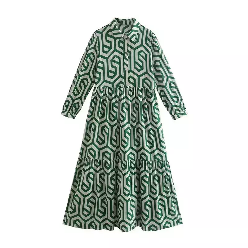 Vestido de calle para mujer, falda de manga larga con solapa impresa, estilo camisero europeo y americano, YBF19-3, 2024
