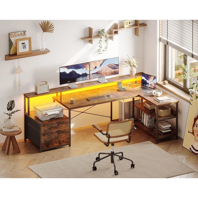 ODK L자형 책상, 파일 서랍, 75 인치 가역 L자형 컴퓨터 책상, 전원 콘센트 및 LED 스트립, 사무실 책상