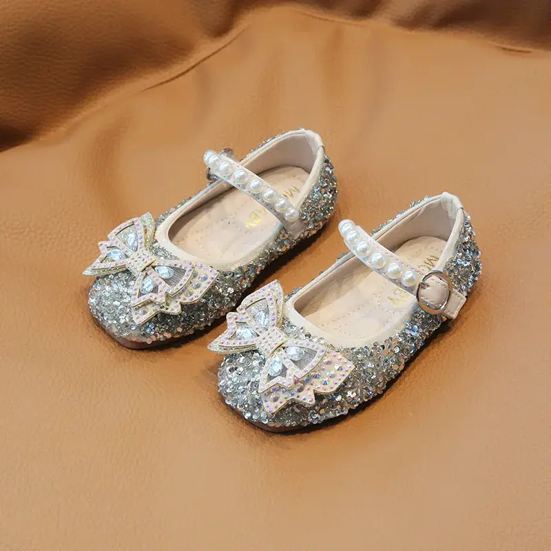 2024 Spring Summer New Girls' Princess Leather Shoes Korean Children Bow Single Shoe Fashion Shining Diamond Crystal for Party