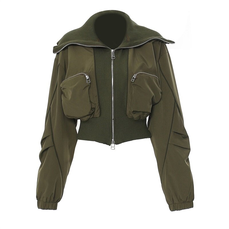 Mantel pendek wanita kerah besar ketat mantel pendek unik dengan ritsleting dua saku jaket hitam tentara hijau lengan panjang atasan baru tersedia