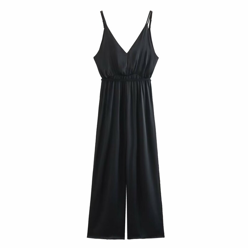 Dave&Di French Ladies Elegant Satin Fashion Black Color Pleated Suspenders Jumpsuit Women Casual Overalls