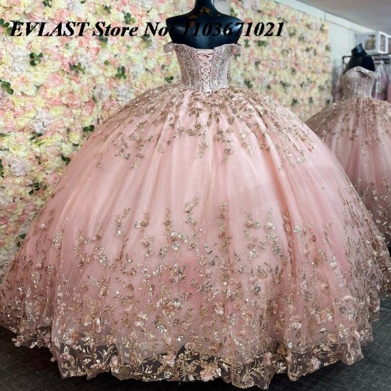 Evlast glänzend rosa Quince anera Kleid Ballkleid Gold Applikation Perlen Pailletten abgestuftes Korsett süß 16 vestidos de xv 15 Anos sq10