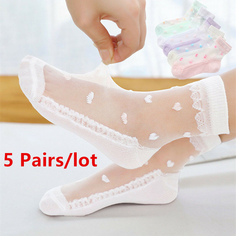 Calcetines cortos finos de algodón para niñas, medias de malla de encaje Floral, suaves y transpirables para bebés de 1 a 12 años, 5 pares por lote