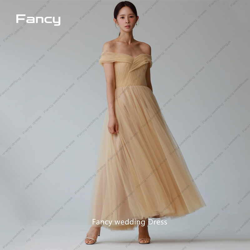 Fancy Off the Shoulder Evening Dress 2023 Korea A-LINE Slim Backless Pleat Tulle Prom dress Floor-Length Wedding Dress