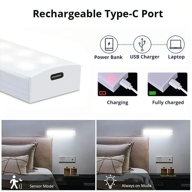 Luz LED nocturna con Sensor de movimiento para armario, lámpara inalámbrica recargable por USB, para debajo de la luz de fondo de la cocina