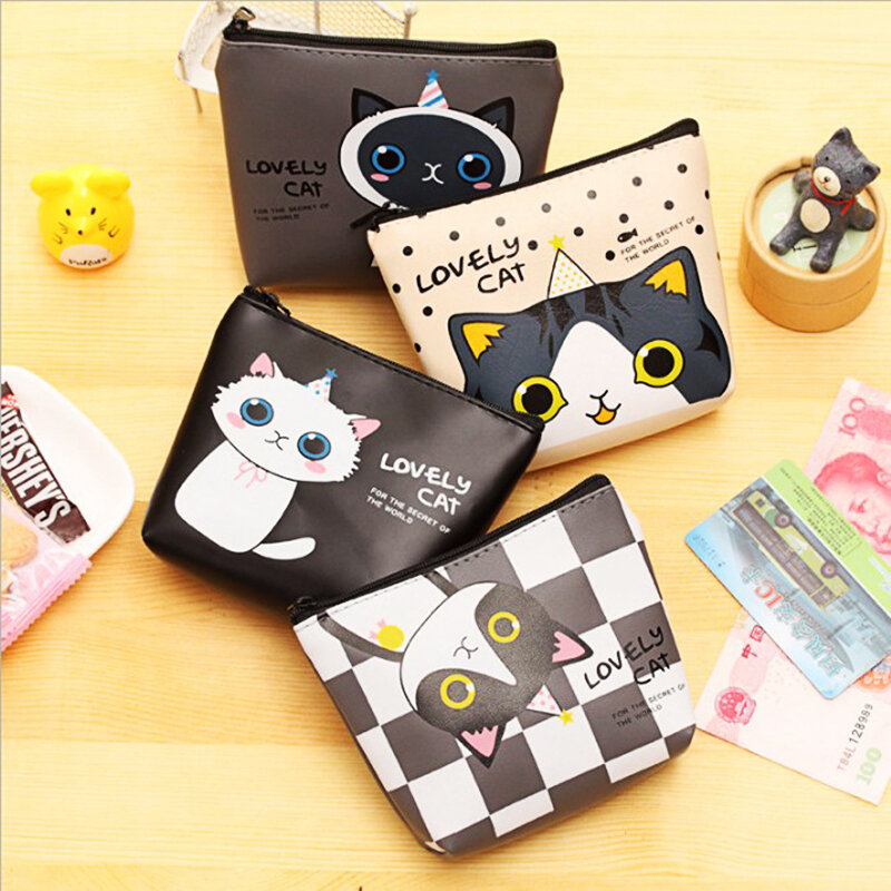 Pu Leather Cartoon Lovely Cat Bag Coin portafoglio con cerniera pura Cute Cat Coin Key Bag tasca per soldi donna uomo portamonete piccolo bambino
