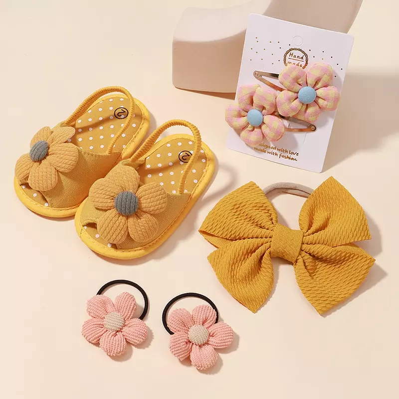 Zapatos de flores para bebé recién nacido, conjunto de accesorios para el cabello, sandalias, horquilla, diadema, primeros pasos
