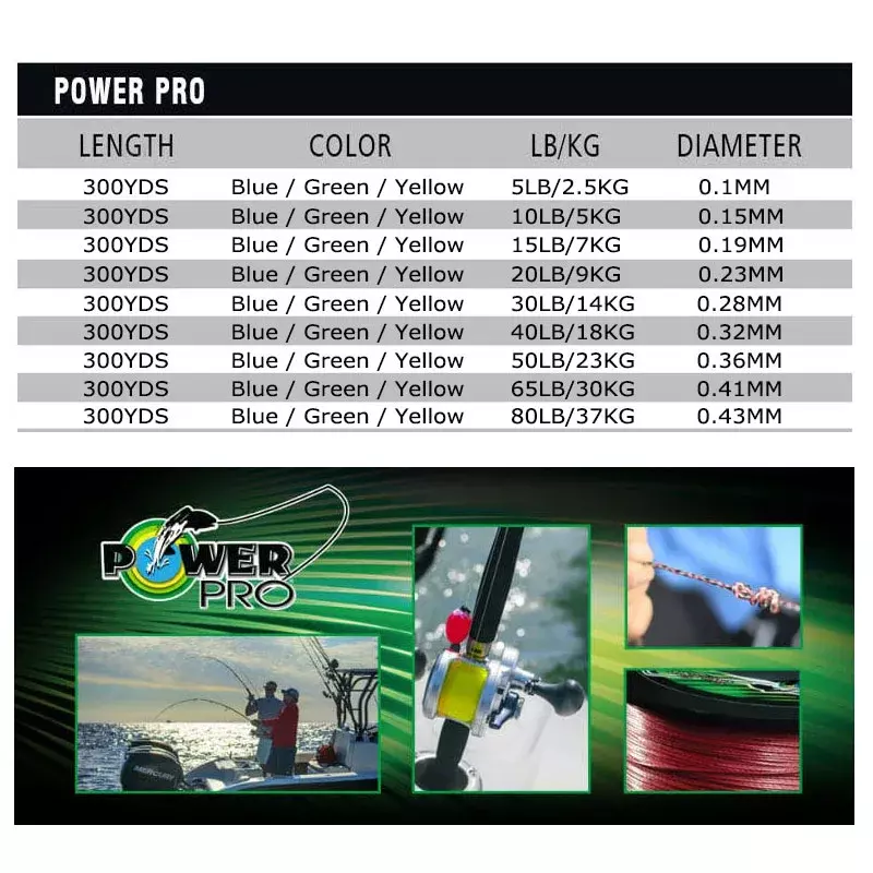 2019 POWER PRO 슈퍼 PE 편조 낚싯줄, 길이: 275m/300yds, 직경: 0.23mm-0.43mm, 크기: 20-80lb