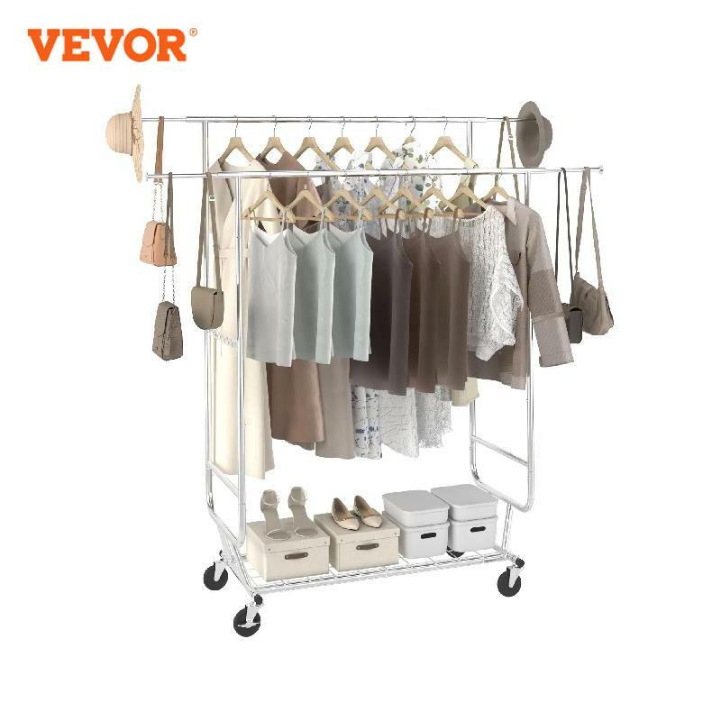 VEVOR-رف ملابس ثقيل ، رف ملابس ، طول قابل للتعديل ، مع رف سفلي ، عجلات لغرفة الغسيل
