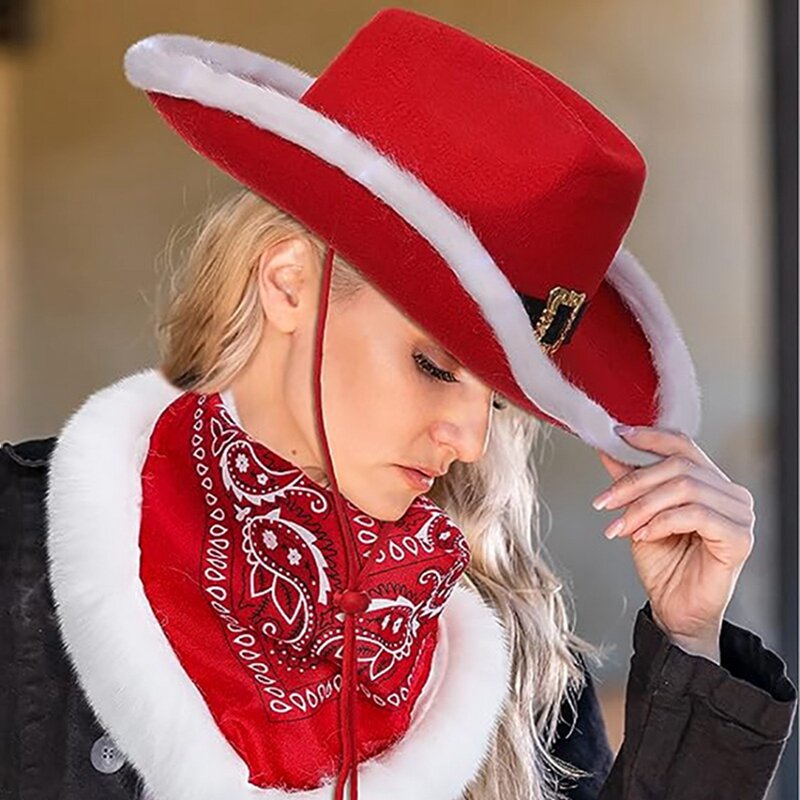 Christmas Cowboy Hat and Scarf Sequined Santa Wide Brim Hat for Adults Wedding Carnival Rave Party Costume Accessories