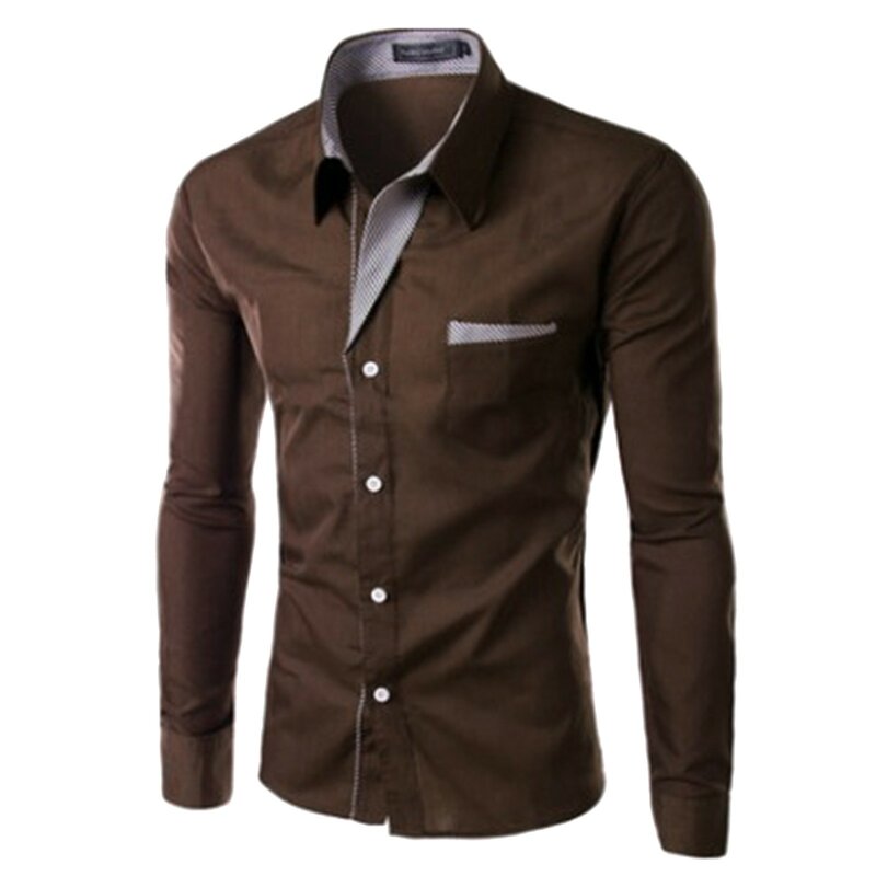 Camisa de botão manga comprida masculina, bolso único, gola virada para baixo, tops simples, confortável, cor sólida, moda casual