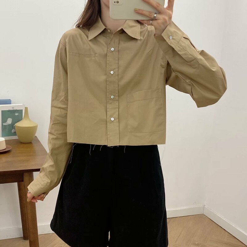 Women New Fashion Academic style Pocket decoration Cropped Casual Blouses Vintage Long Sleeve Button-up Female Shirts Chic Tops