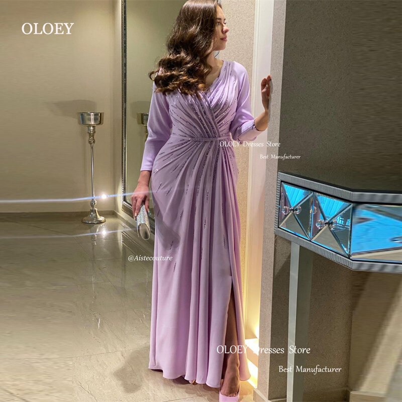 OLOEY-Dubai Árabe Mulheres Lilás Vestidos de Noite, Manga Comprida, Contas Glitter, Chiffon, V Neck Prom Vestidos, Vestido de Festa Formal Ocasião