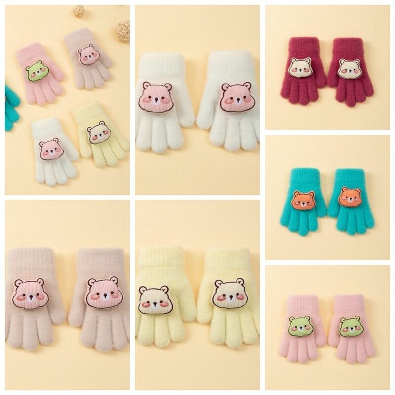 Guantes esponjosos de oso para bebé, manoplas de punto de Color sólido, estilo coreano, patrón de dibujos animados, muñeca de peluche de dedo completo, niñas