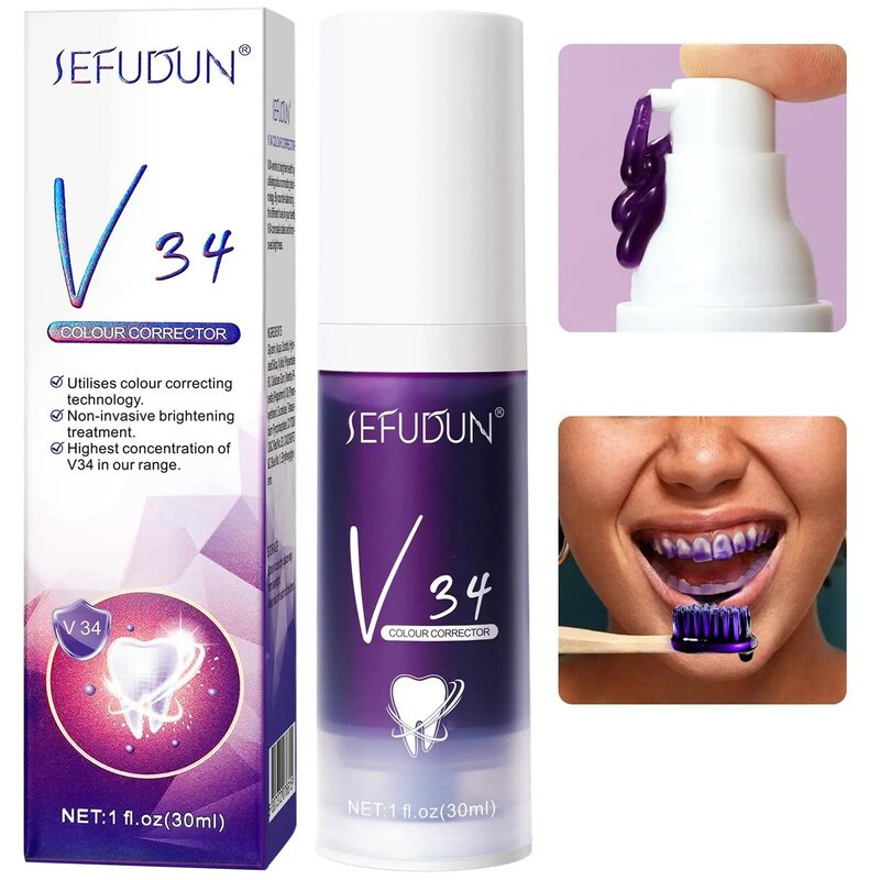 Pasta gigi pemutih gigi, 30ml V34 warna koreksi gigi pemutih gigi ungu pasta gigi pemutih non-invasif dan N6Z7
