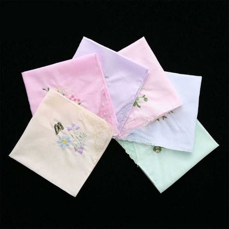 Serviette carrée brodée douce en coton 28cm, mouchoir à bordure en dentelle Floral