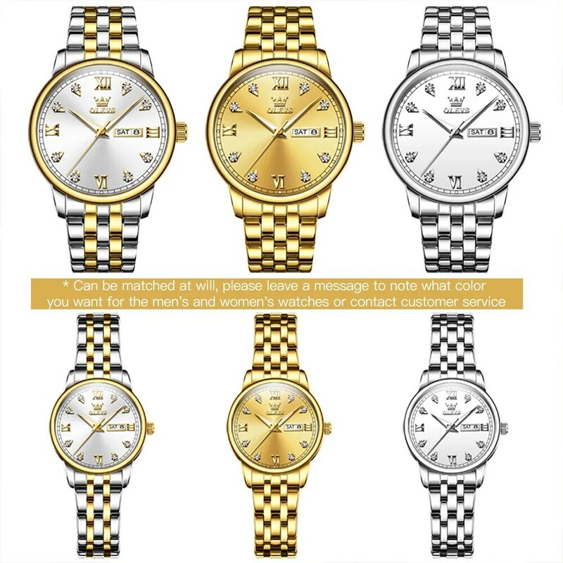 OLEVS 스테인리스 스틸 방수 야광 쿼츠 커플 손목시계, 오리지널 브랜드, 연인 시계, Relogio Feminino, 새로운 패션