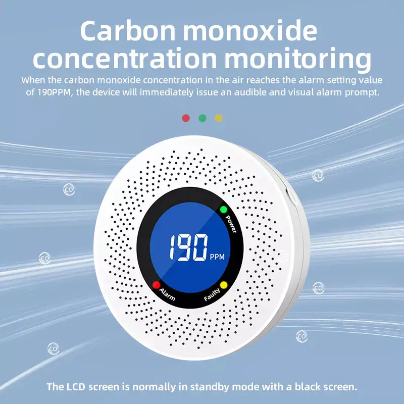 เครื่องตรวจจับคาร์บอนมอนอกไซด์แบบสแตนด์อโลนใหม่พร้อมจอแสดงผลแบตเตอรี่มาตรฐาน CE สำหรับใช้ในบ้านห้องครัวสำนักงาน