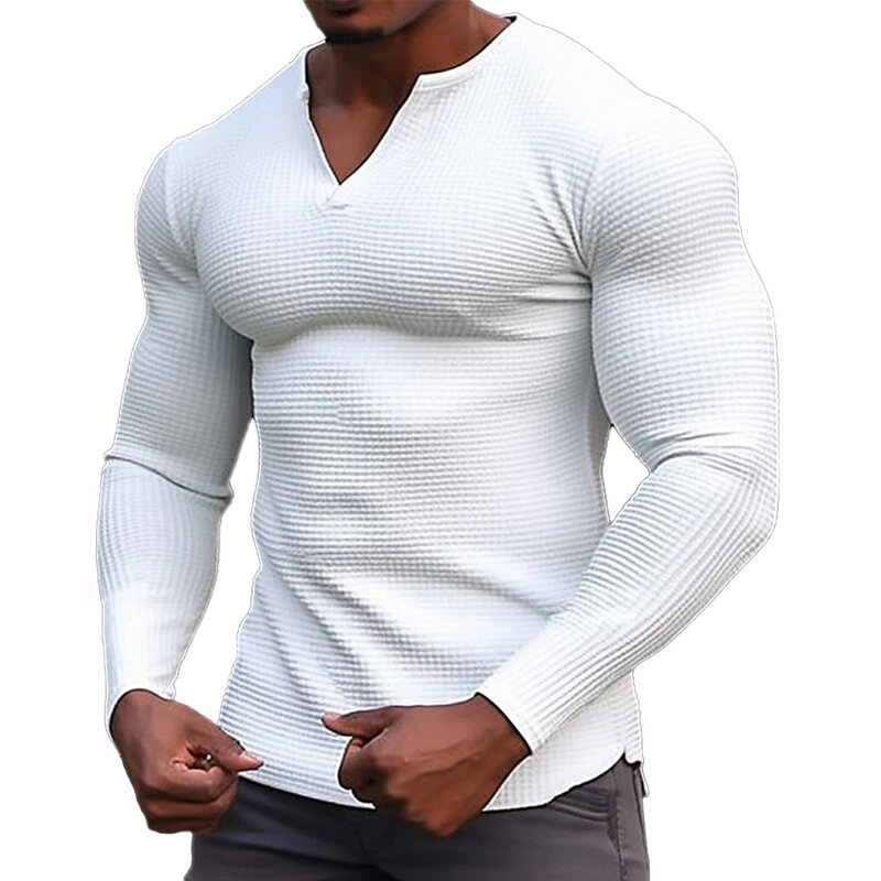 Camisas masculinas de manga comprida com decote em v, camisas slim fit, pulôver muscular para escritório, ao ar livre, praia, esporte, respirável, plus size