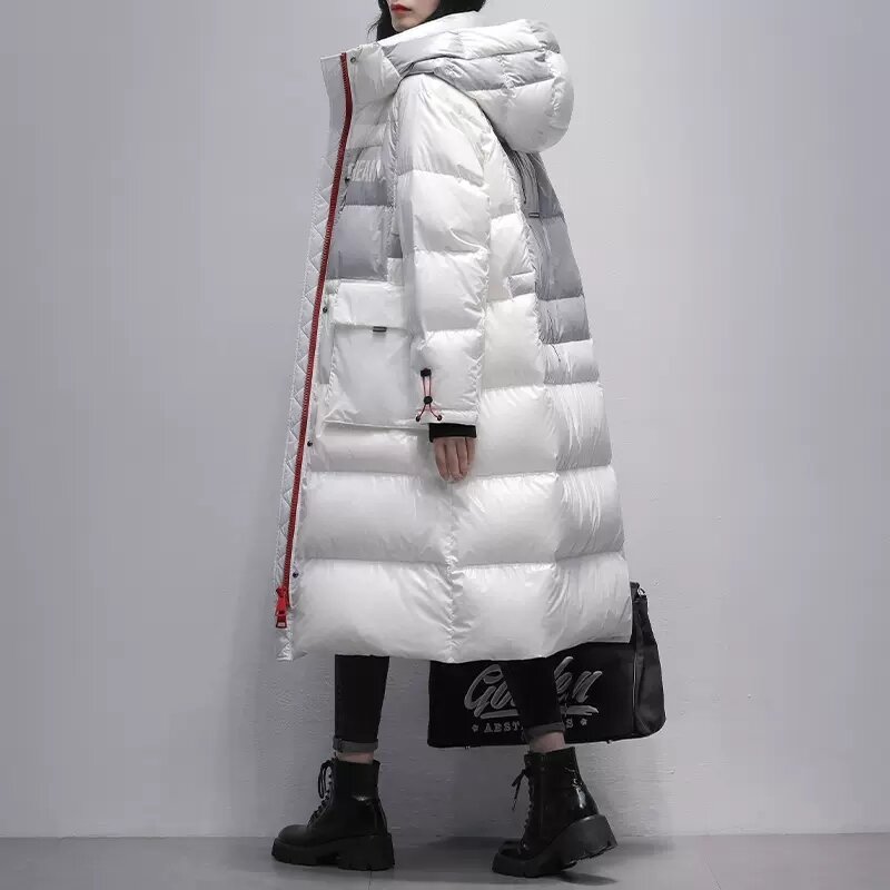 Biała gruba długa kurtka puchowa kobiety 2023 zima nowy koreański z kapturem w kolorze białym kaczka dół płaszcze kobieta ciepły śnieg Parka znosić na co dzień