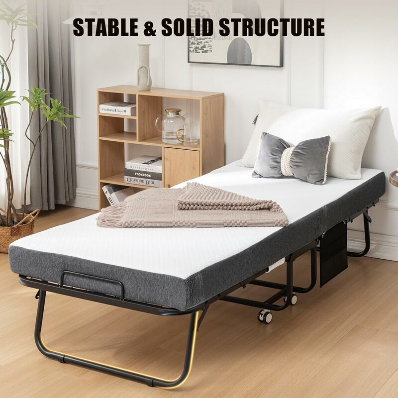 Folding Bed with 5" Mattress for Adults Portable Rollaway Bedframe for Guests, Strong Metal Frame, 75” x 31”, Black Gray