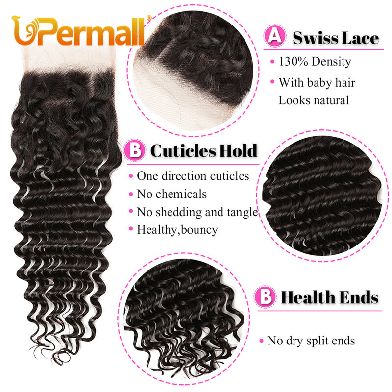 Upermall Deep Wave HD Transparent 13x4 Lace Frontal & Swiss 4×4 Closure Brazilian Remy Human Hair Pre Plucked Can Be Bleached